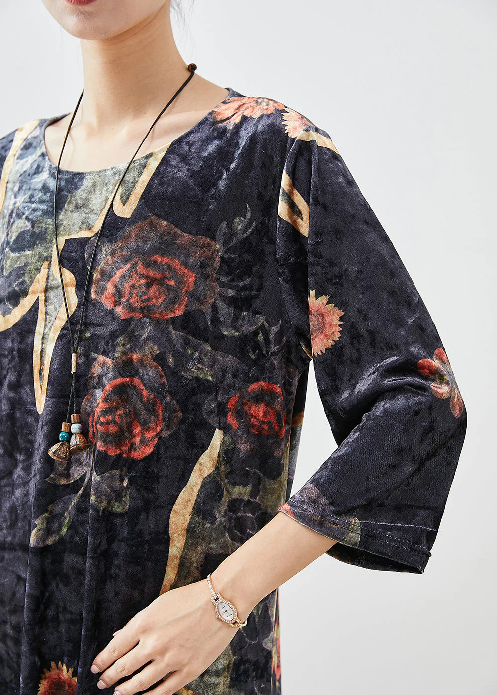 Organic Black Oversized Print Silk Velour Maxi Dresses Fall - Image 5