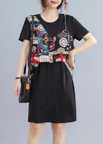 Organic Black Patchwork Beige Summer Chiffon Dress - Image 2