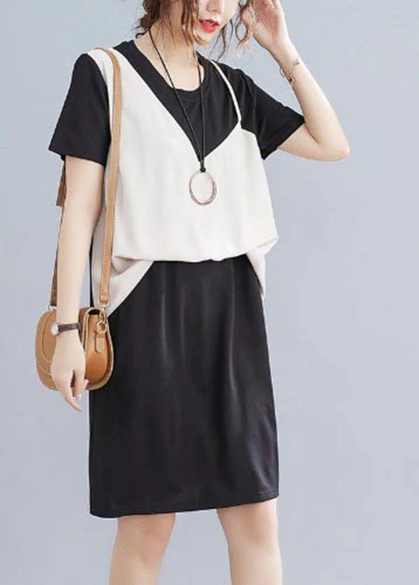 Organic Black Patchwork Beige Summer Chiffon Dress - Image 3