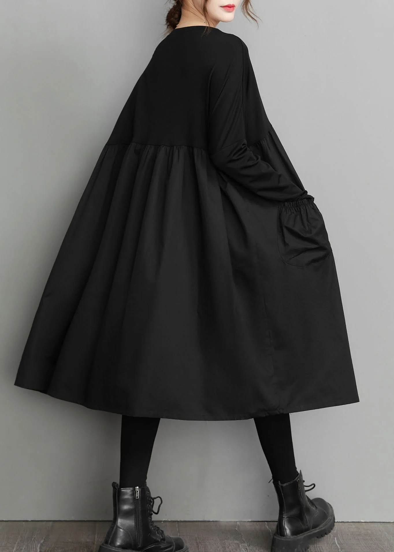 Organic Black Patchwork wrinkled Pockets Cotton Dresses Spring - Image 2