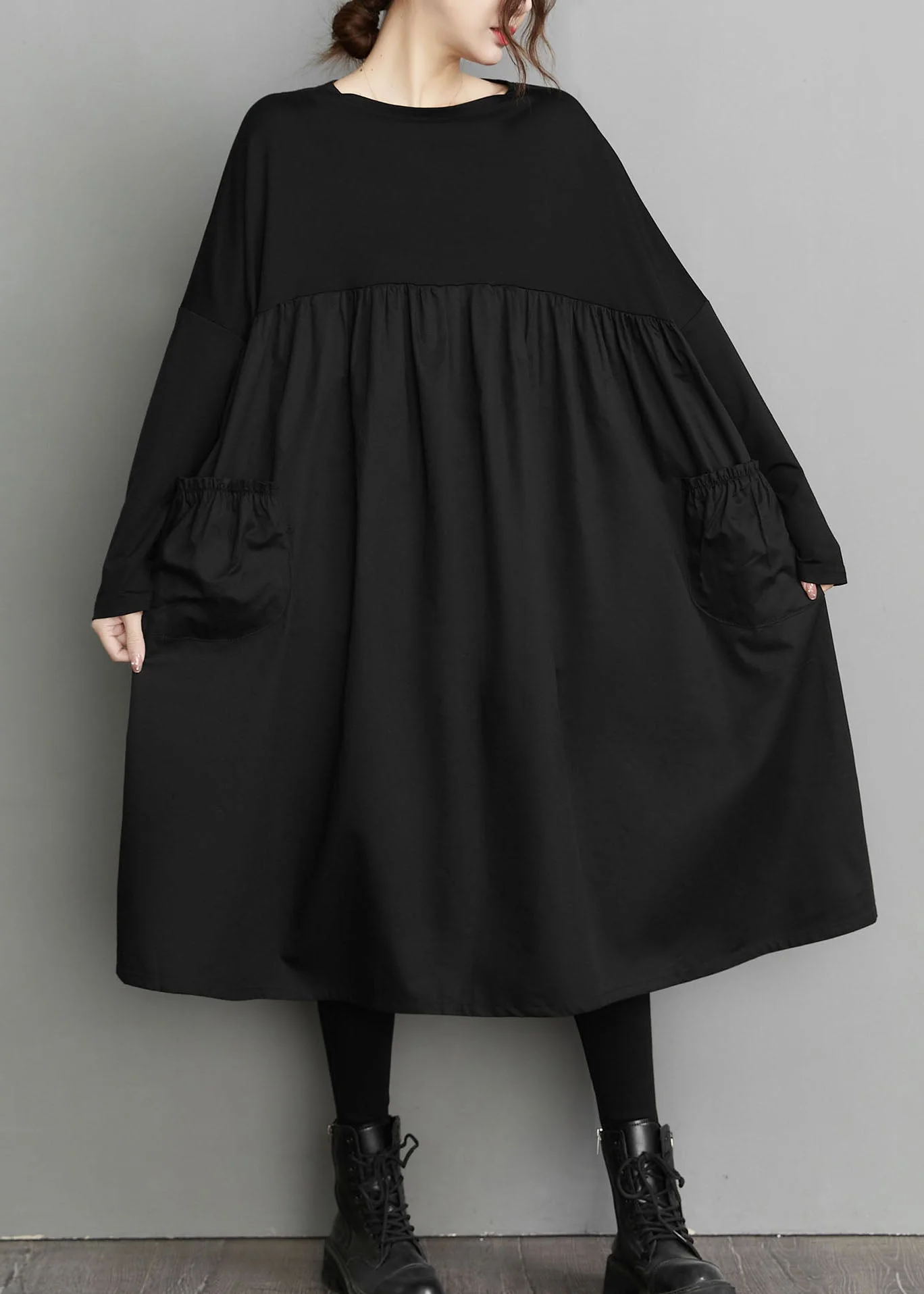 Organic Black Patchwork wrinkled Pockets Cotton Dresses Spring - Image 3