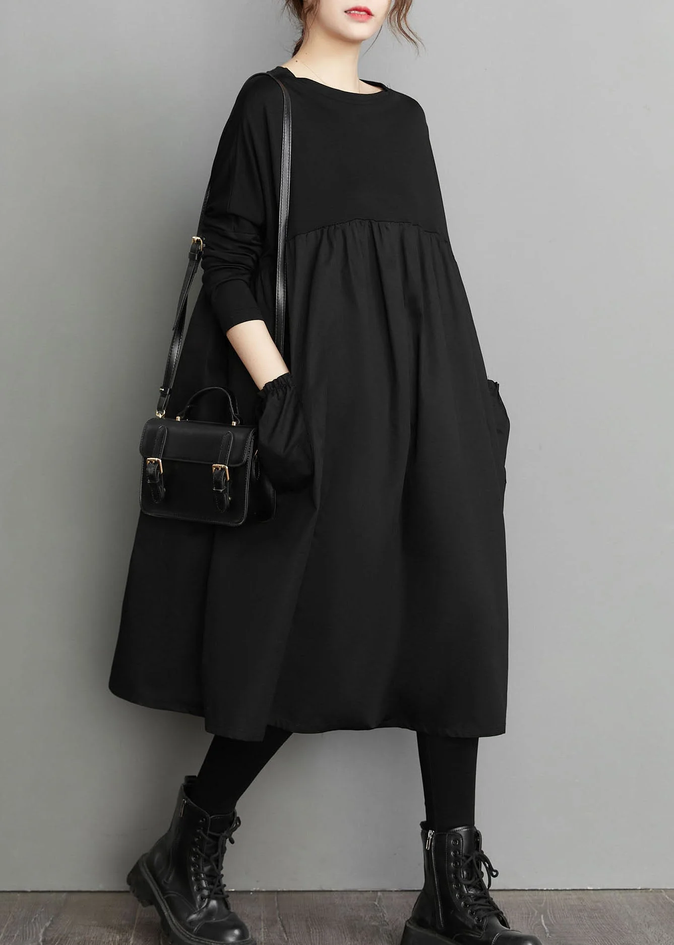 Organic Black Patchwork wrinkled Pockets Cotton Dresses Spring - Image 4