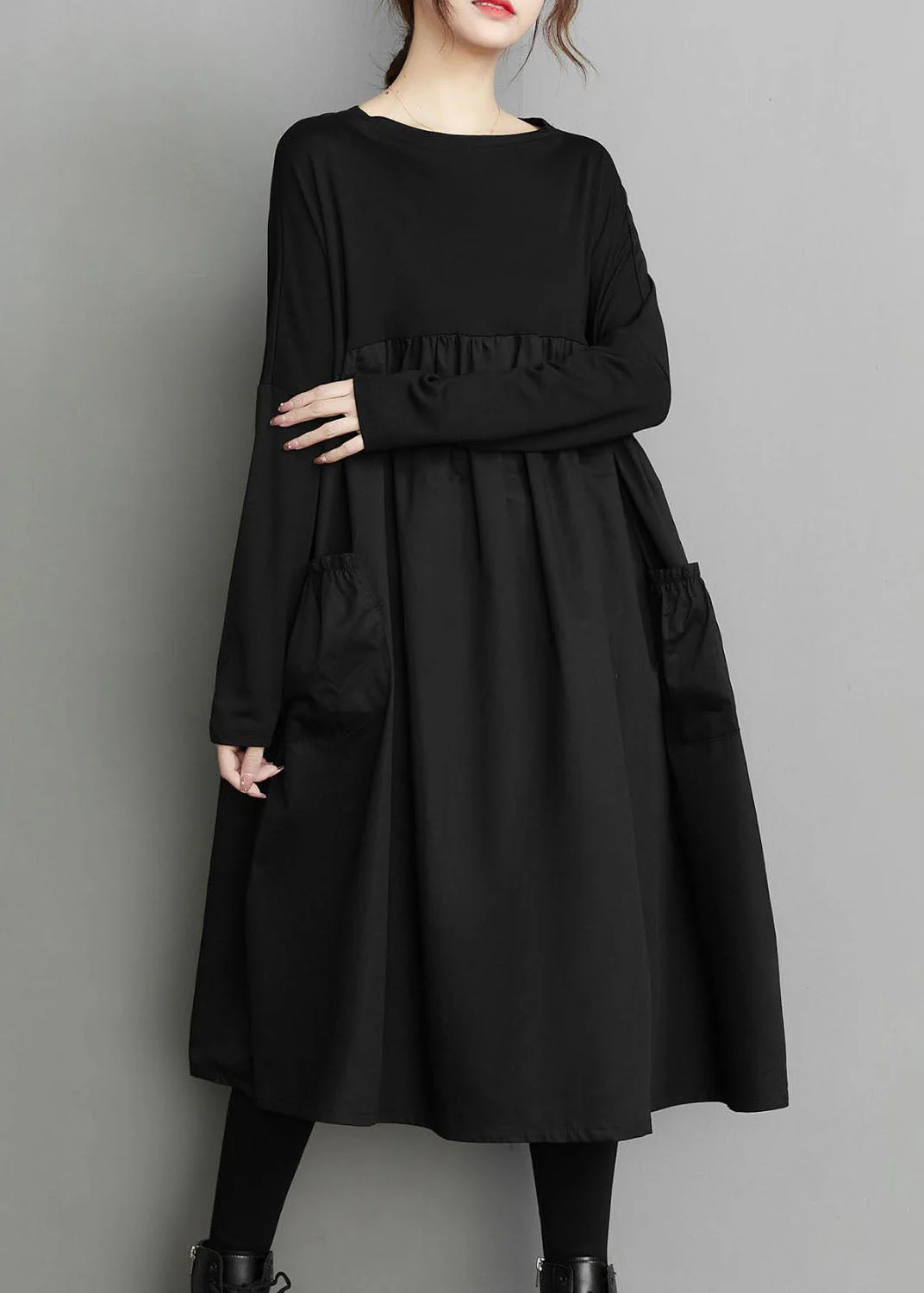 Organic Black Patchwork wrinkled Pockets Cotton Dresses Spring - Image 5