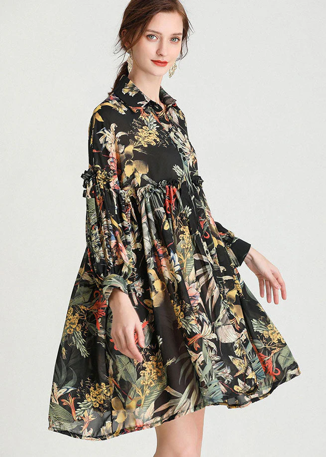 Organic Black Print Button Fashion Fall Long Sleeve Dresses - Image 2
