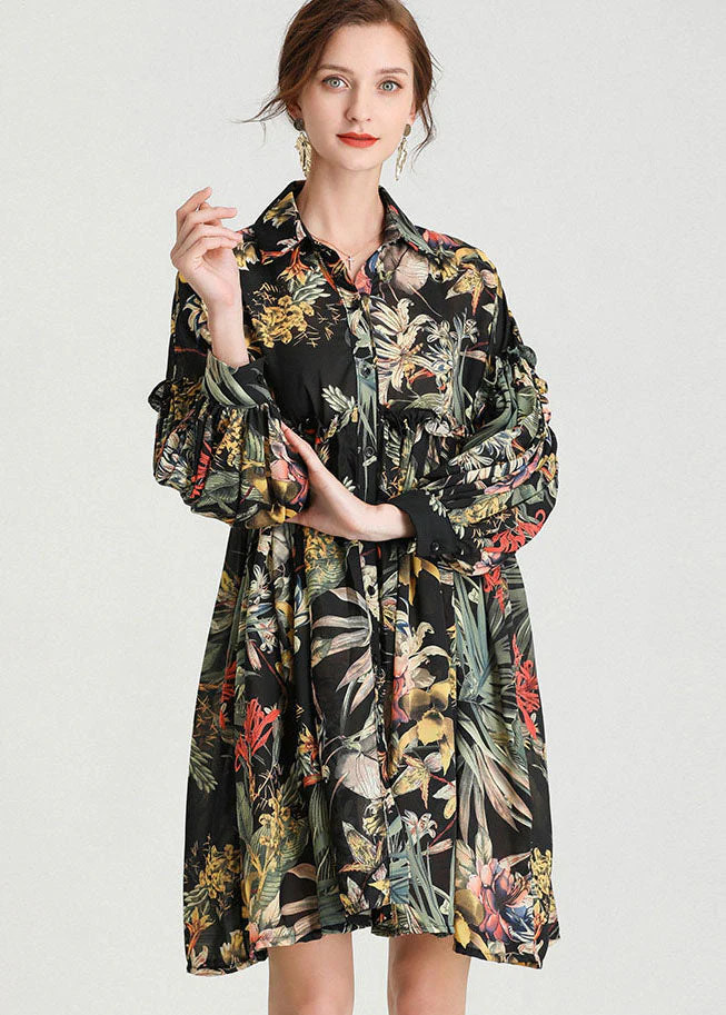 Organic Black Print Button Fashion Fall Long Sleeve Dresses - Image 3