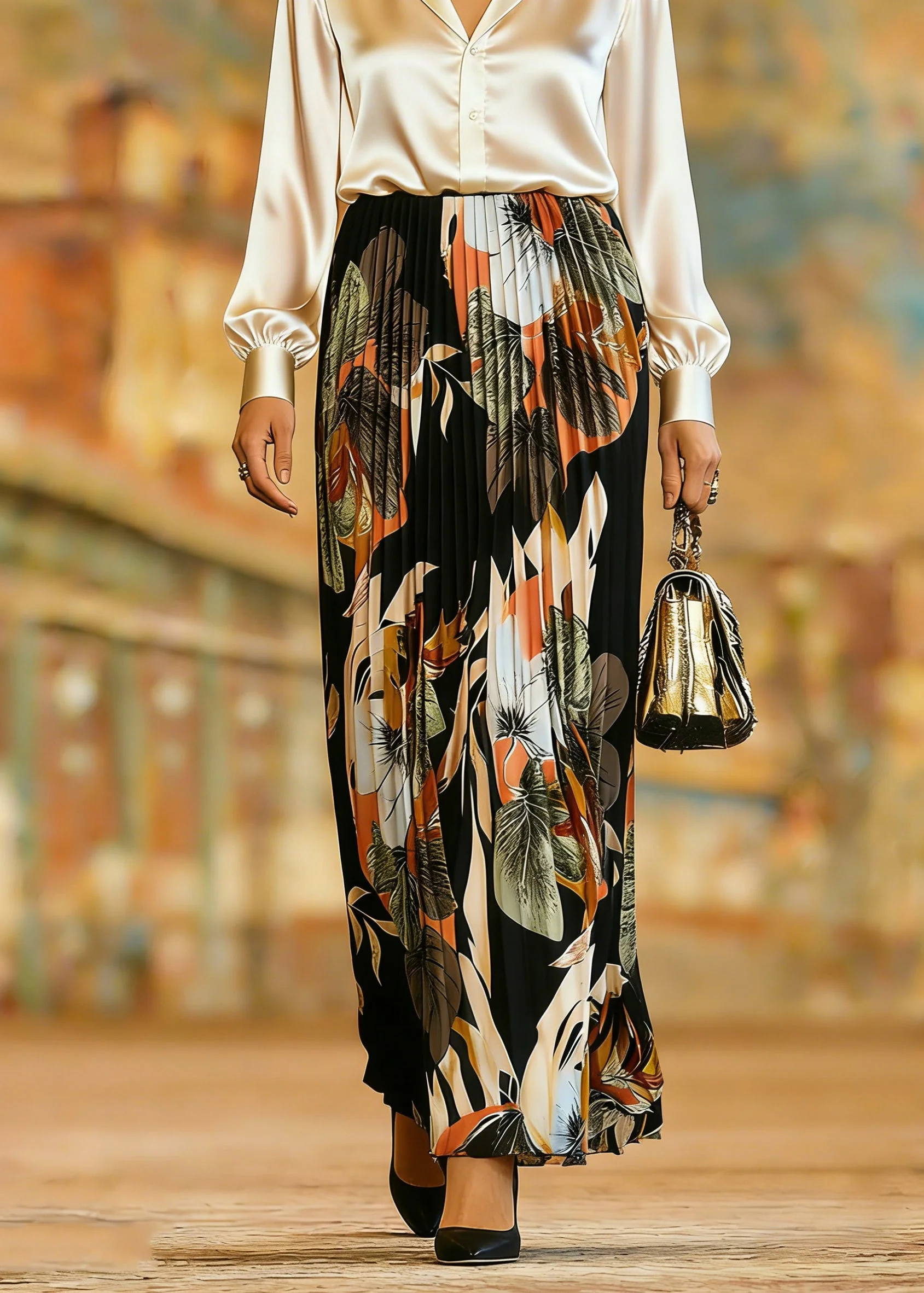 Organic Black Print Elastic Waist Pleate Skirts Spring - Image 3