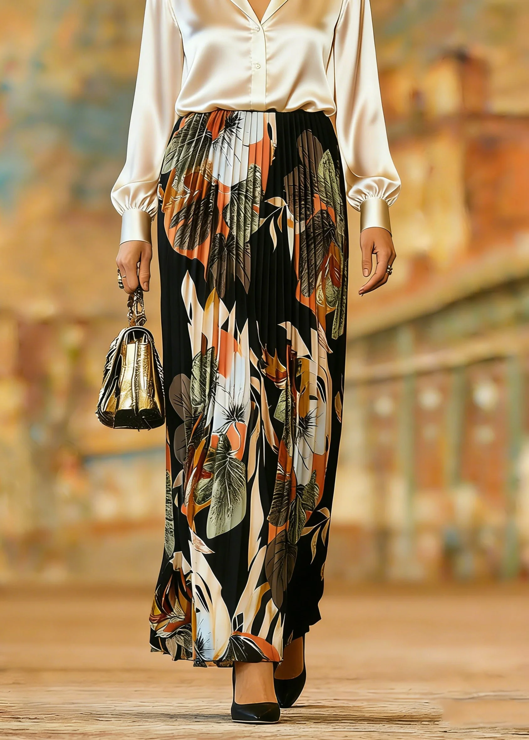 Organic Black Print Elastic Waist Pleate Skirts Spring - Image 5
