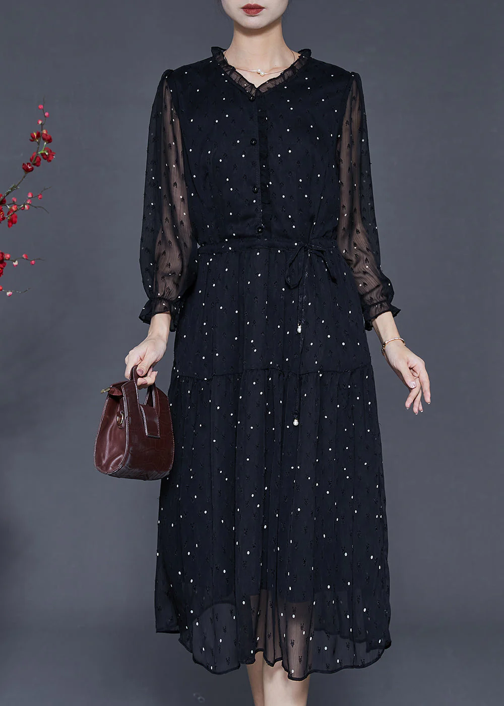 Organic Black Ruffled Embroidered Chiffon Cinched Dress Summer - Image 2