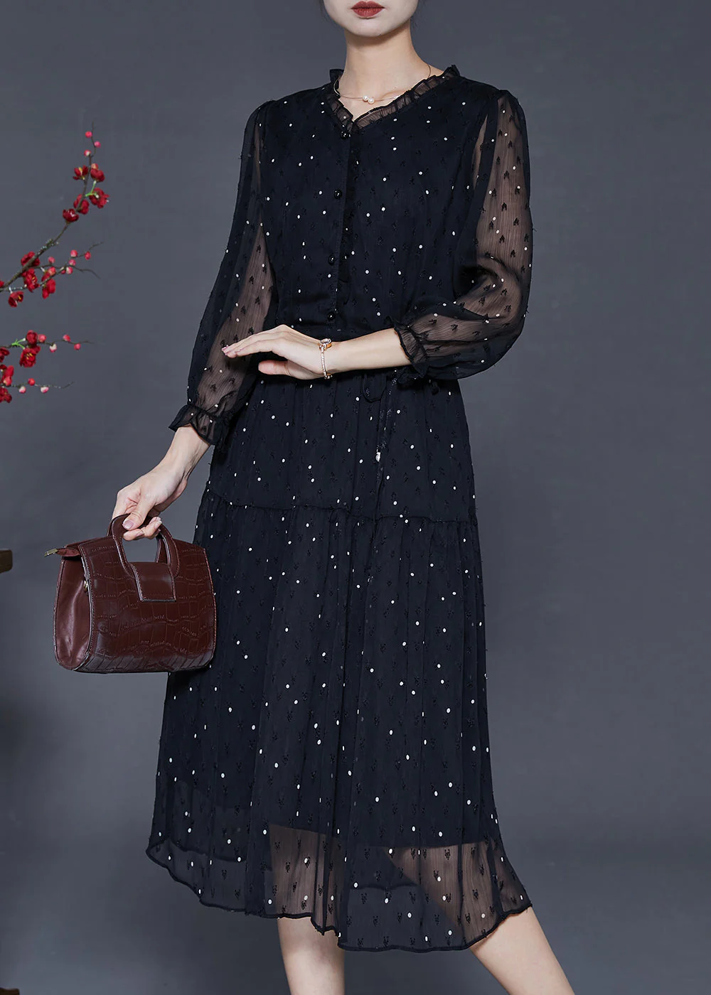 Organic Black Ruffled Embroidered Chiffon Cinched Dress Summer - Image 3