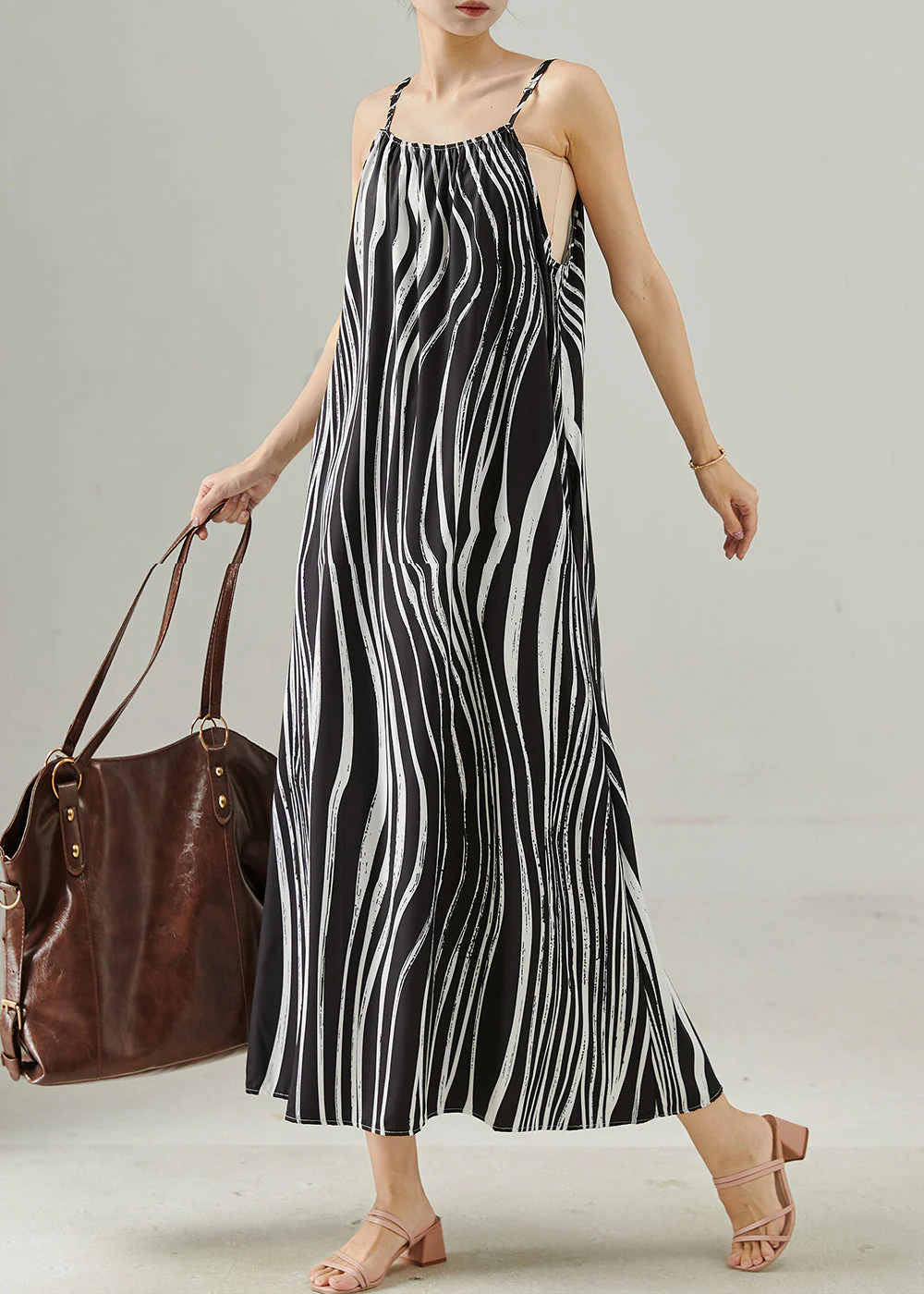 Organic Black Striped Chiffon Spaghetti Strap Dress Summer - Image 2