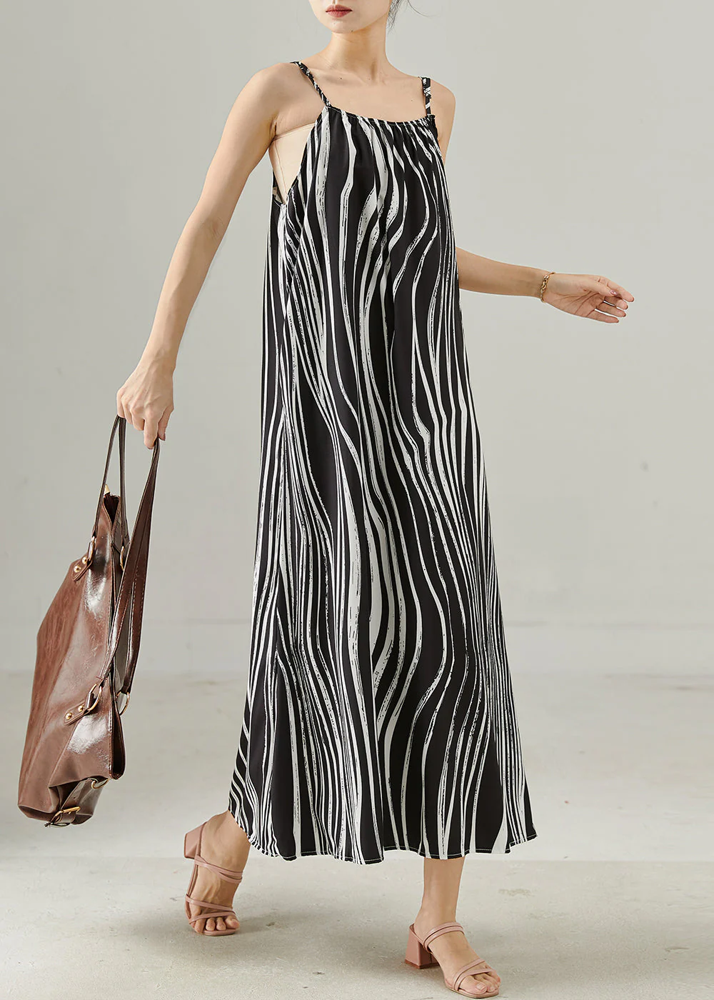 Organic Black Striped Chiffon Spaghetti Strap Dress Summer - Image 3