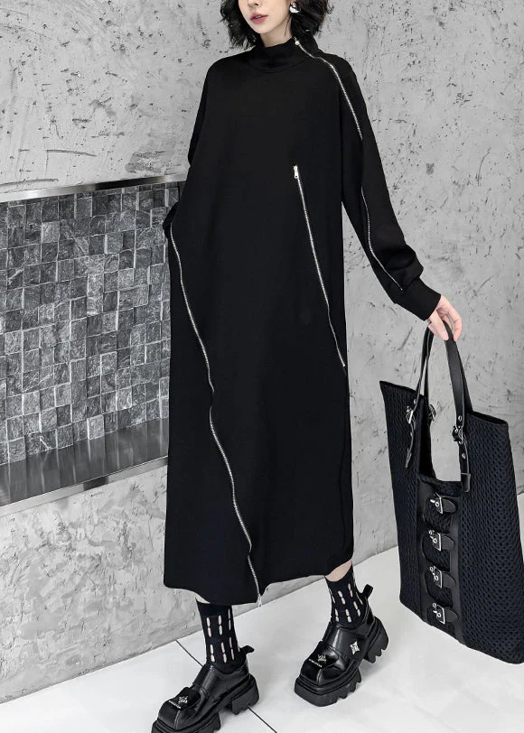 Organic Black Turtleneck Zippered Patchwork Long Dresses Fall