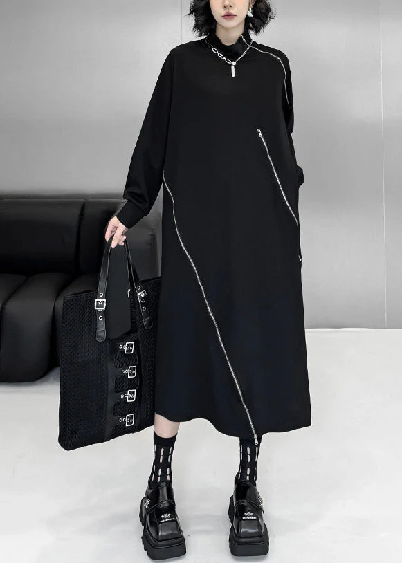 Organic Black Turtleneck Zippered Patchwork Long Dresses Fall - Image 2
