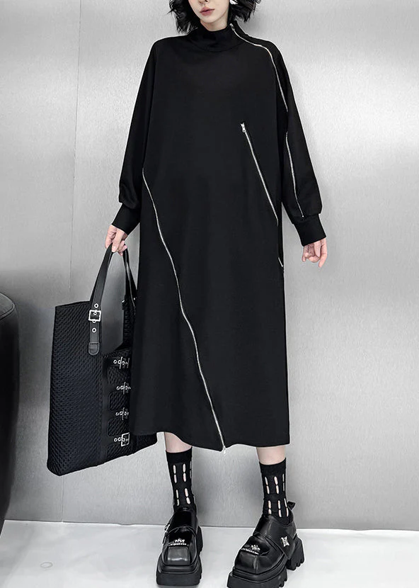 Organic Black Turtleneck Zippered Patchwork Long Dresses Fall - Image 3