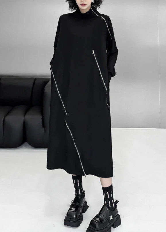 Organic Black Turtleneck Zippered Patchwork Long Dresses Fall - Image 4