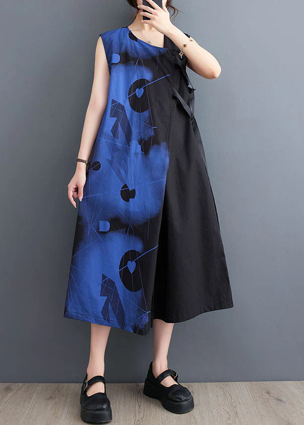 Organic Black V Neck Print Patchwork Cotton Dresses Sleeveless - Image 2