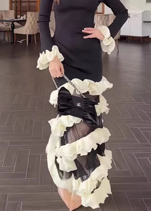 Organic Black White Striped O-Neck Ruffled Knit Patchwork Tulle Long Dress Spring