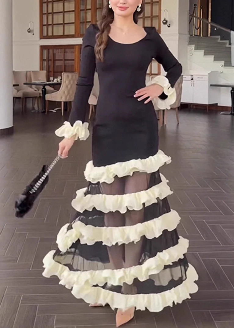 Organic Black White Striped O-Neck Ruffled Knit Patchwork Tulle Long Dress Spring - Image 2