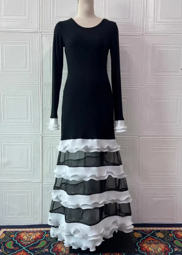 Organic Black White Striped O-Neck Ruffled Knit Patchwork Tulle Long Dress Spring - Image 4