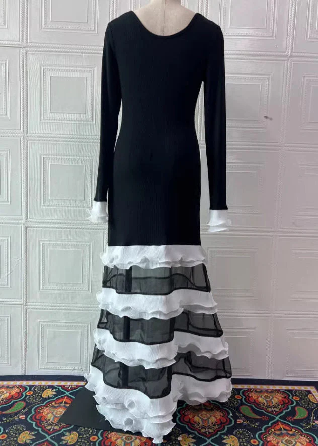 Organic Black White Striped O-Neck Ruffled Knit Patchwork Tulle Long Dress Spring - Image 5