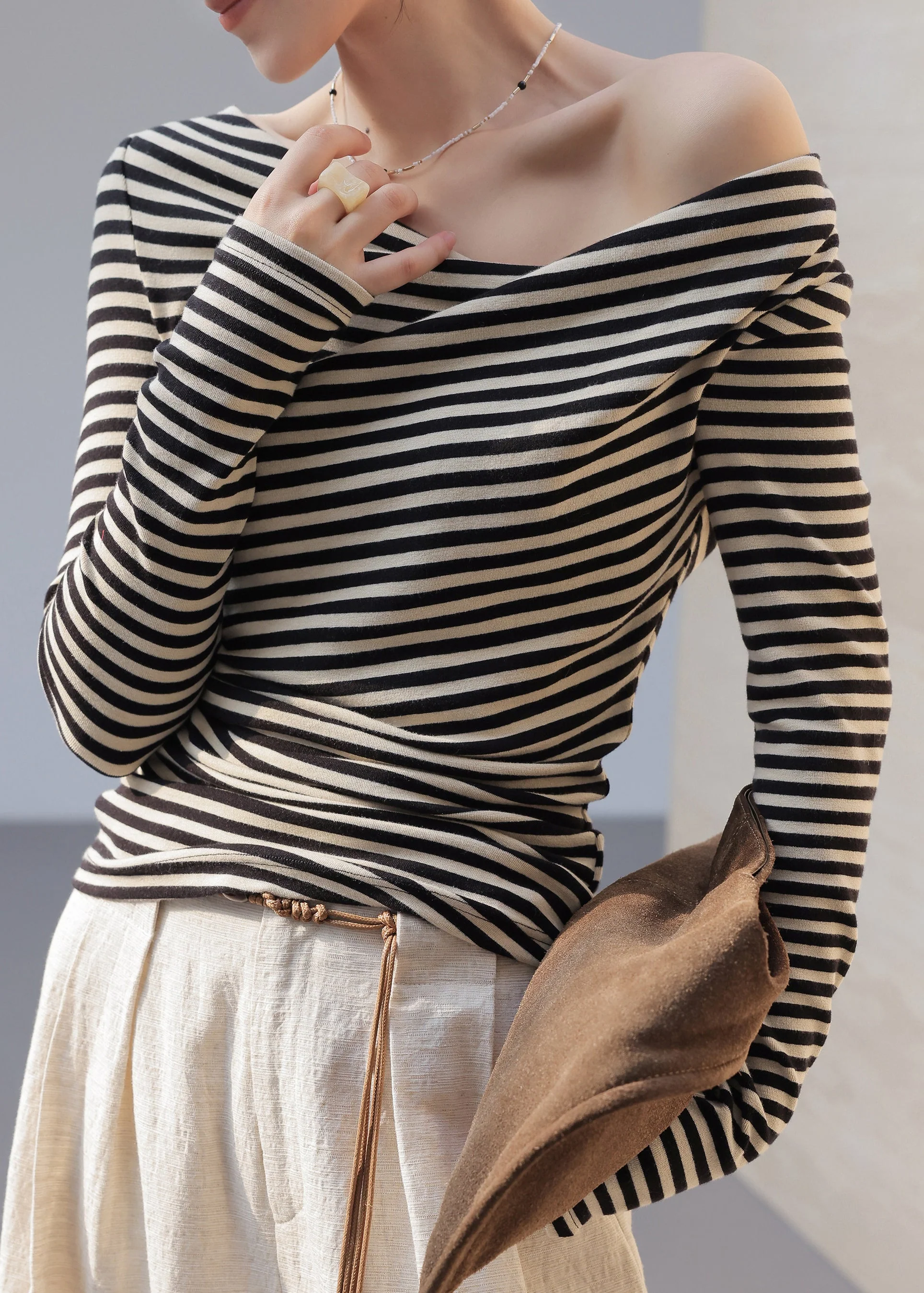 Organic Black White Striped One Shoulder Asymmetrical Tops Spring - Image 2