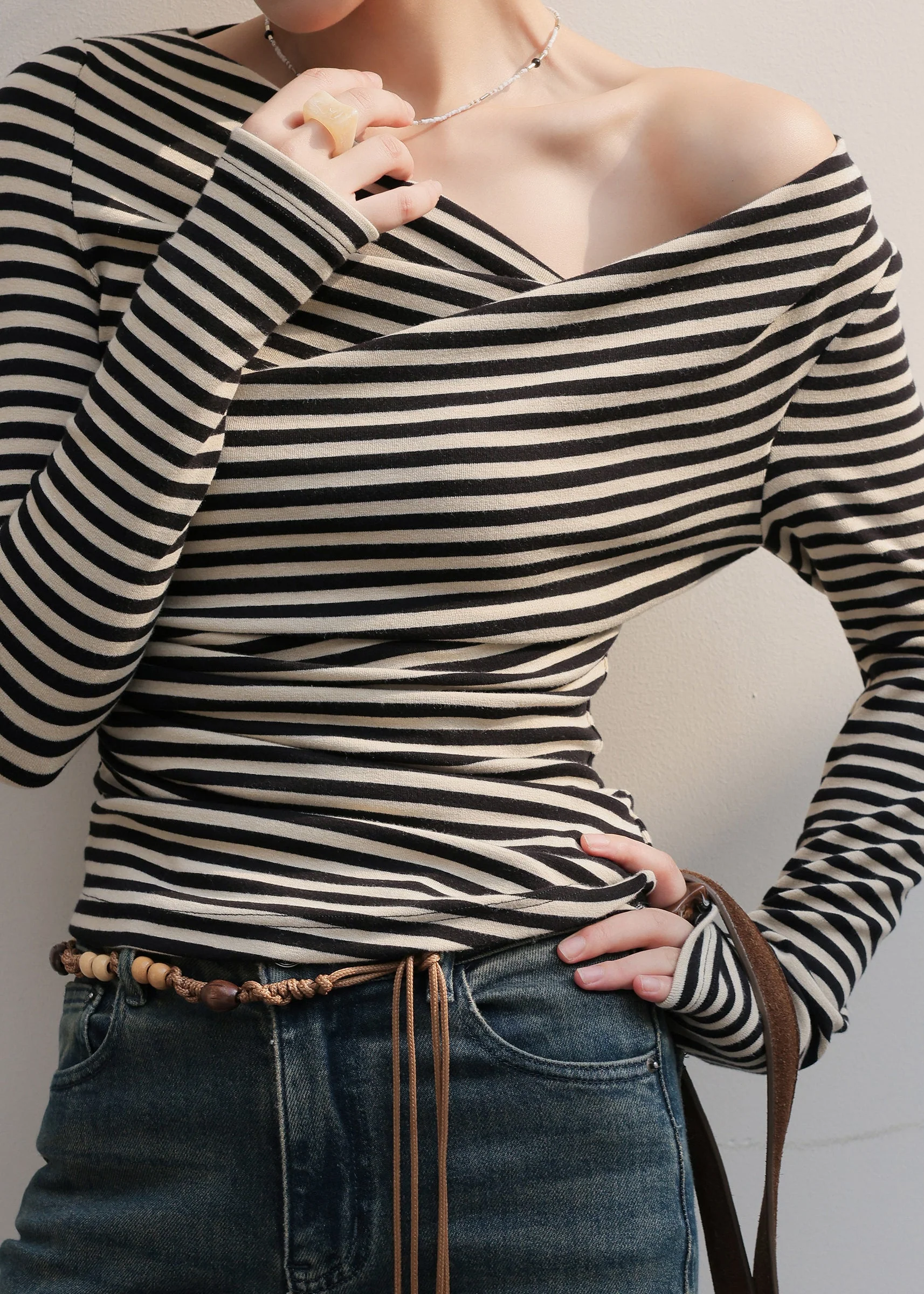 Organic Black White Striped One Shoulder Asymmetrical Tops Spring - Image 3