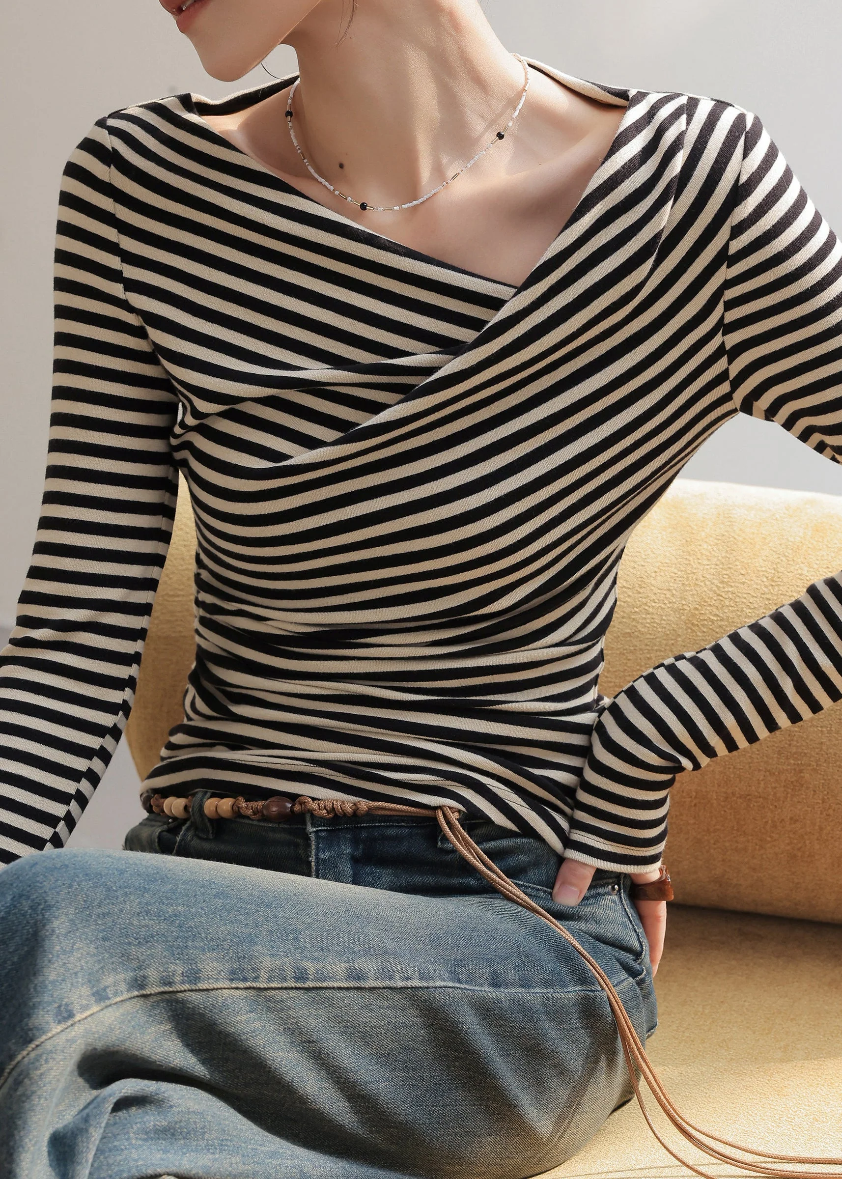 Organic Black White Striped One Shoulder Asymmetrical Tops Spring - Image 4