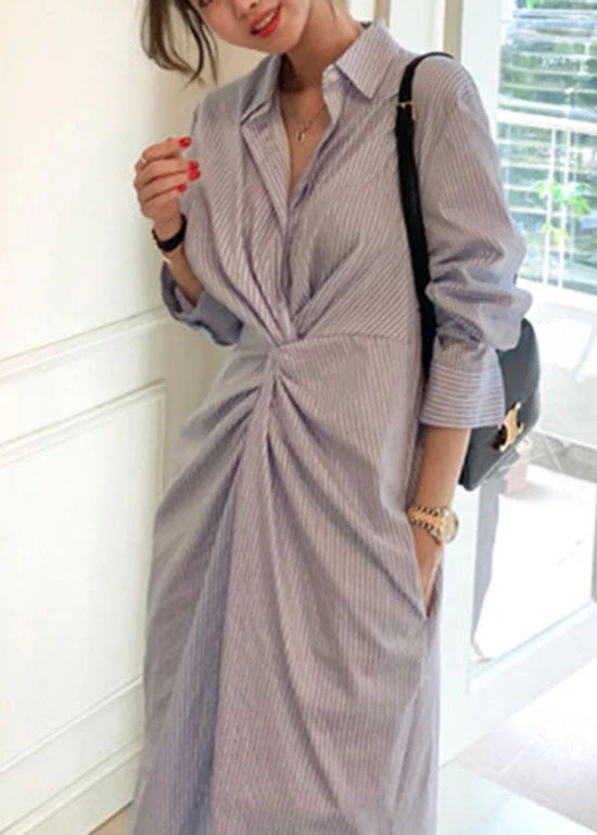 Organic Blue Asymmetrical Striped Cotton shirts Dress Spring - Image 2