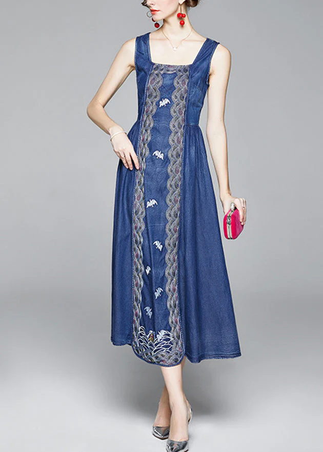 Organic Blue Cinched Embroideried zippered Spaghetti Strap Cotton Denim Dress Spring - Image 2