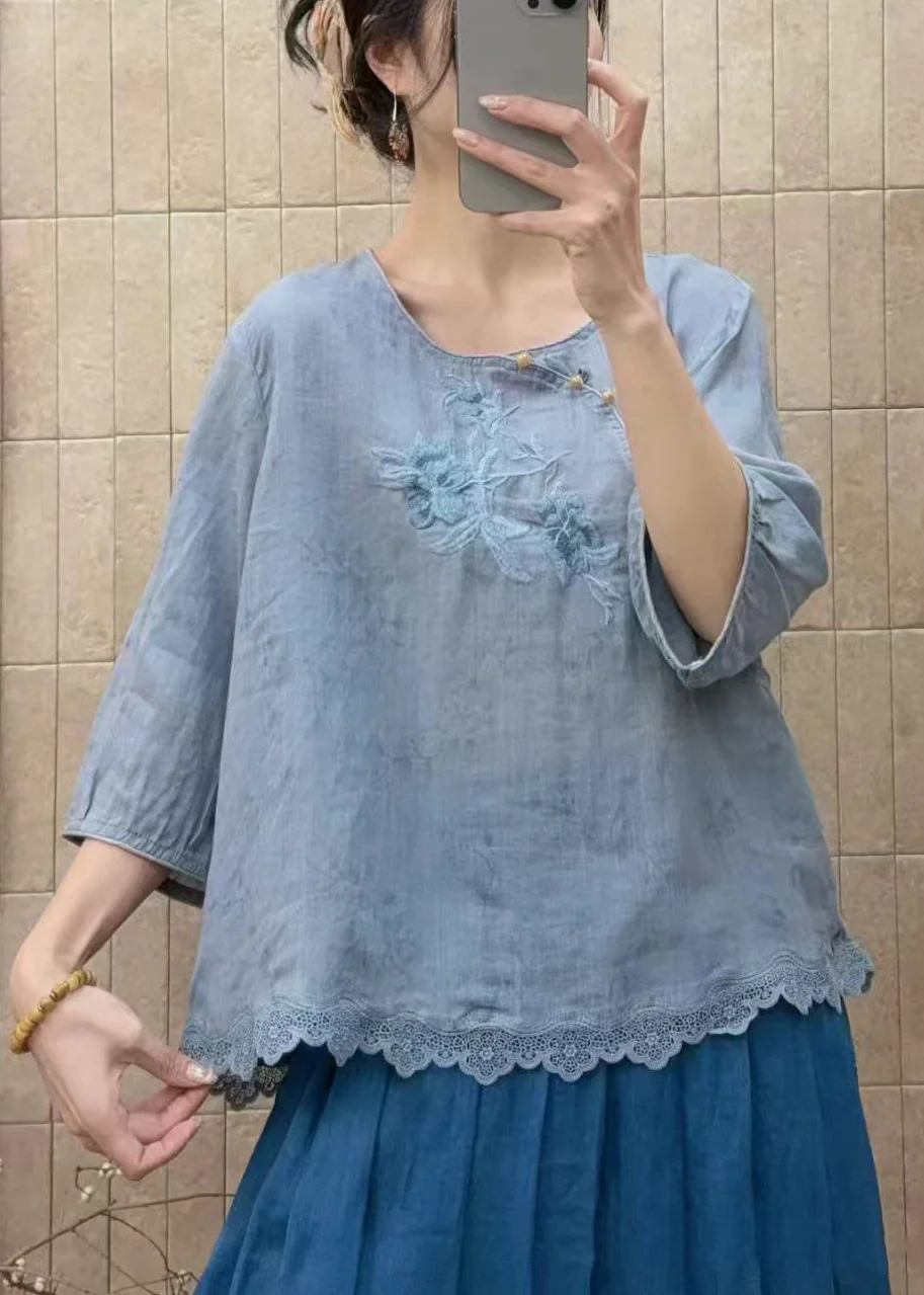 Organic Blue Embroidered Patchwork Lace Shirt Tops Half Sleeve - Image 2