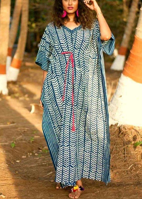 Organic Blue Floral V Neck kimono robe Cotton Dress