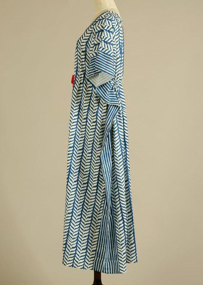 Organic Blue Floral V Neck kimono robe Cotton Dress - Image 4