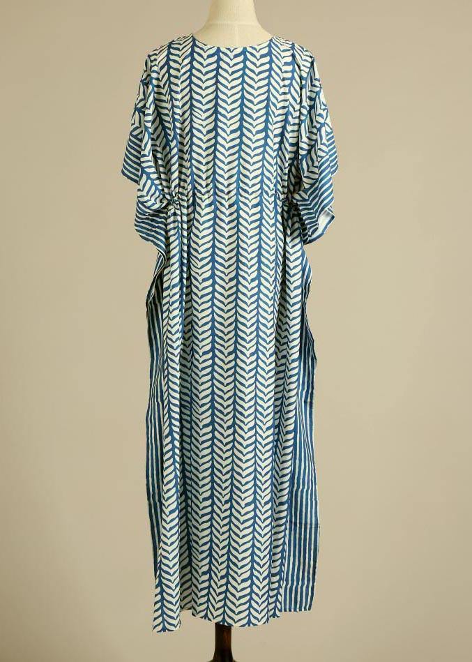 Organic Blue Floral V Neck kimono robe Cotton Dress - Image 5