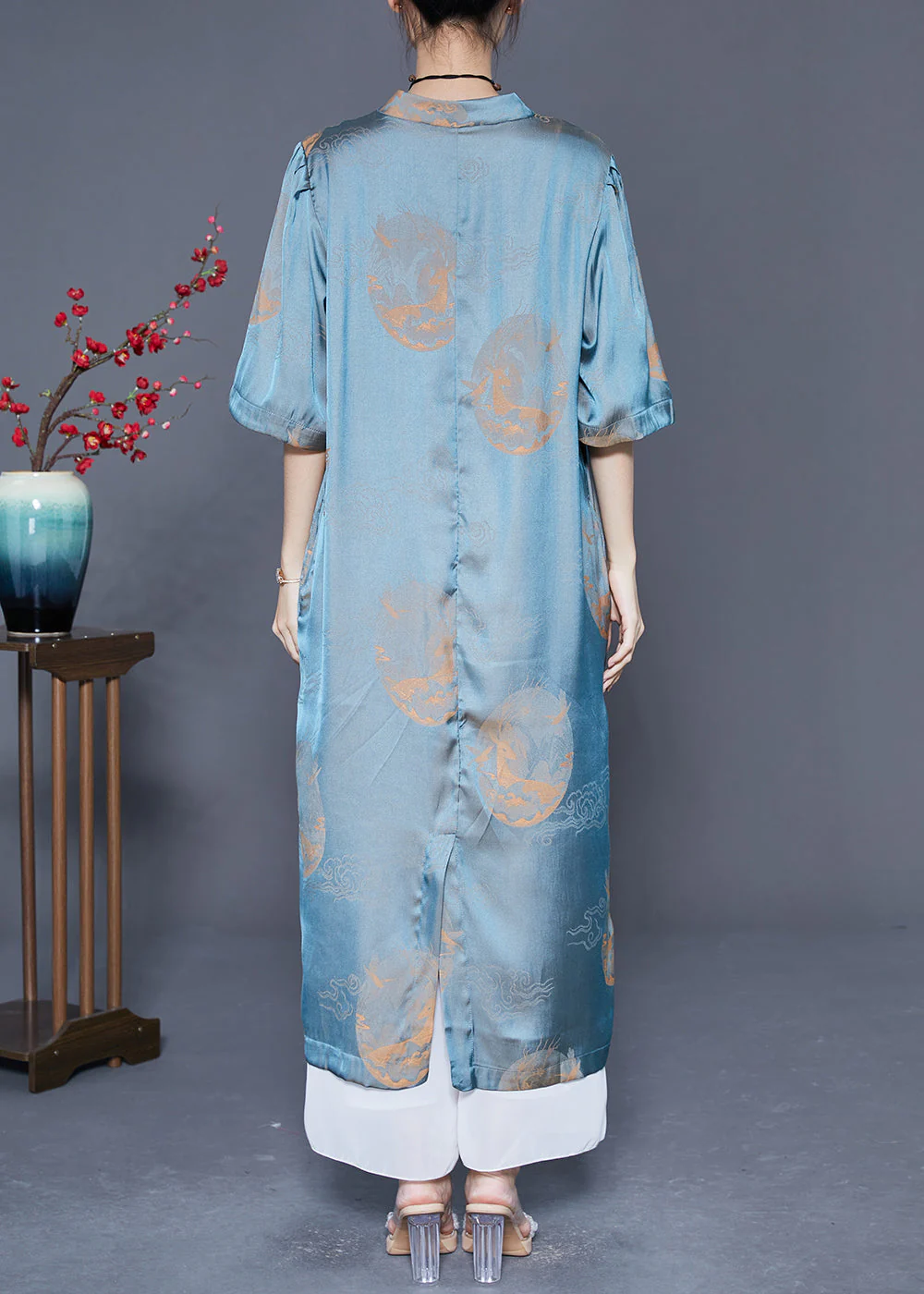 Organic Blue Mandarin Collar Print Lace Up Silk Long Dresses Summer - Image 4