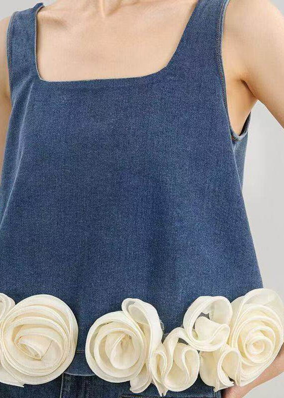 Organic Blue Oversized Handmade Floral Denim Vest Sleeveless - Image 5