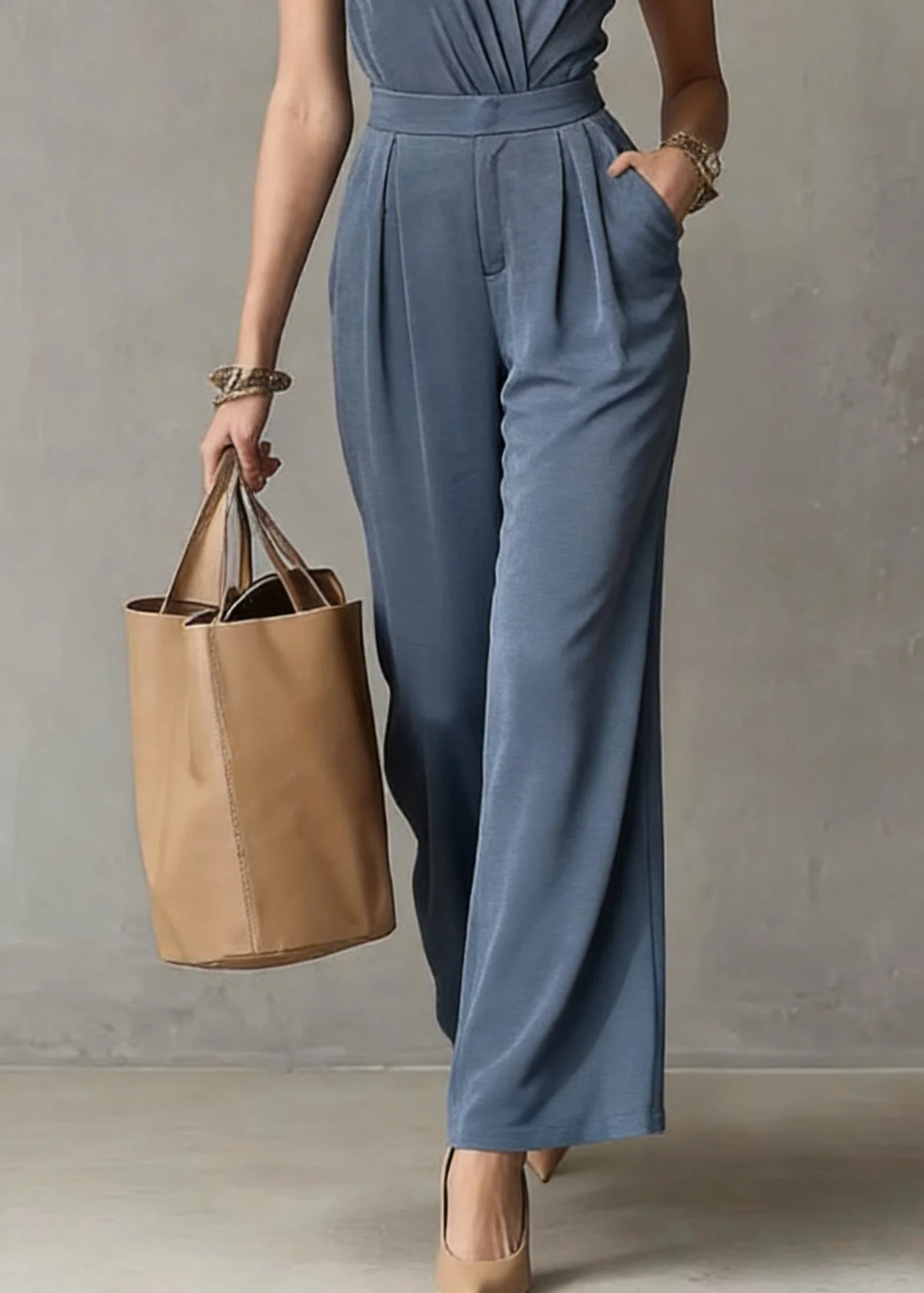 Organic Blue Patchwork Solid Top And Wide Leg Pants Two Pieces Sets Sleeveless - Image 4