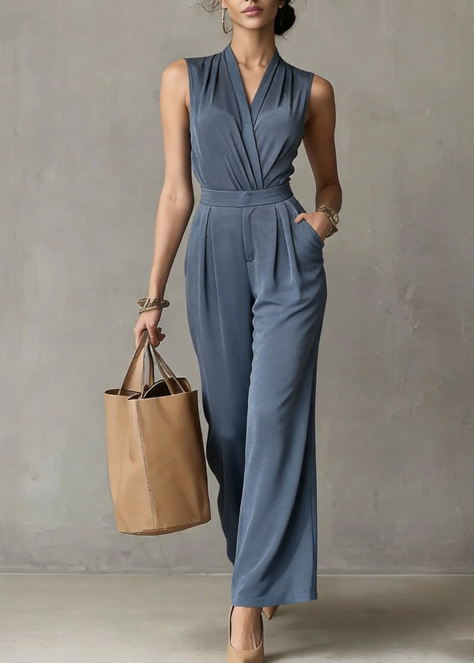 Organic Blue Patchwork Solid Top And Wide Leg Pants Two Pieces Sets Sleeveless - Image 5