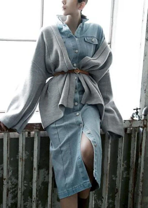 Organic Blue Peter Pan Collar Button Patchwork Denim Dresses Fall - Image 3