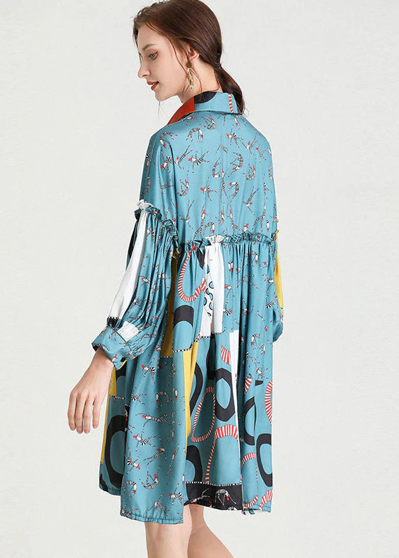 Organic Blue PeterPan Collar Patchwork Fall Holiday Dress Long Sleeve - Image 4