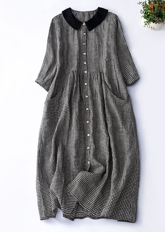 Organic Blue Plaid Peter Pan Collar Patchwork Linen Dresses Summer - Image 2