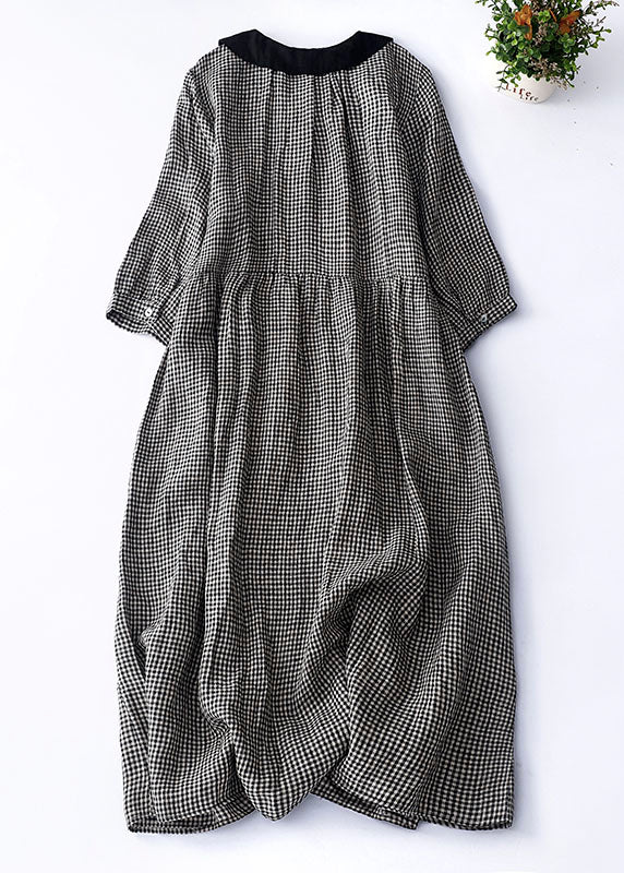 Organic Blue Plaid Peter Pan Collar Patchwork Linen Dresses Summer - Image 3