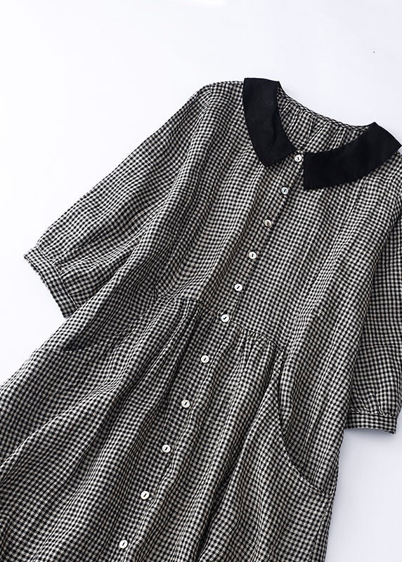 Organic Blue Plaid Peter Pan Collar Patchwork Linen Dresses Summer - Image 4