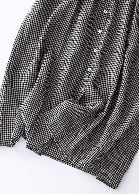 Organic Blue Plaid Peter Pan Collar Patchwork Linen Dresses Summer - Image 5
