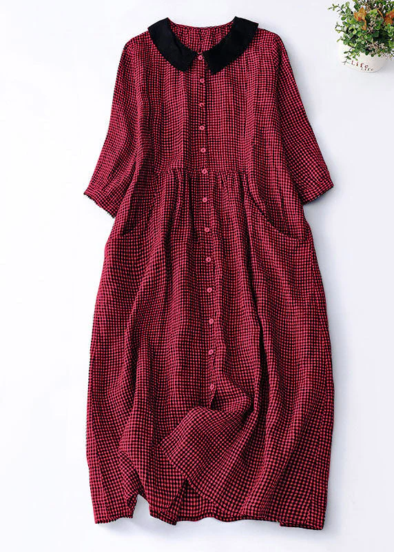 Organic Blue Plaid Peter Pan Collar Patchwork Linen Dresses Summer - Image 7