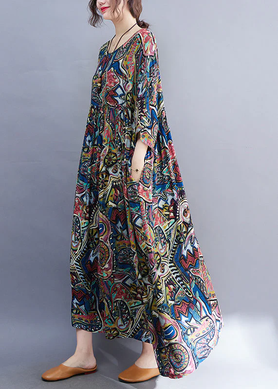 Organic Blue Print Patchwork Ankle Dress Summer - Image 2