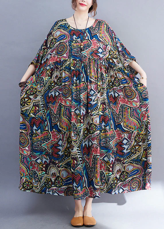 Organic Blue Print Patchwork Ankle Dress Summer - Image 3