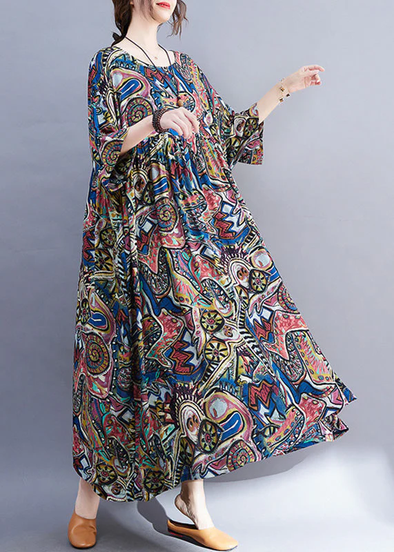 Organic Blue Print Patchwork Ankle Dress Summer - Image 4