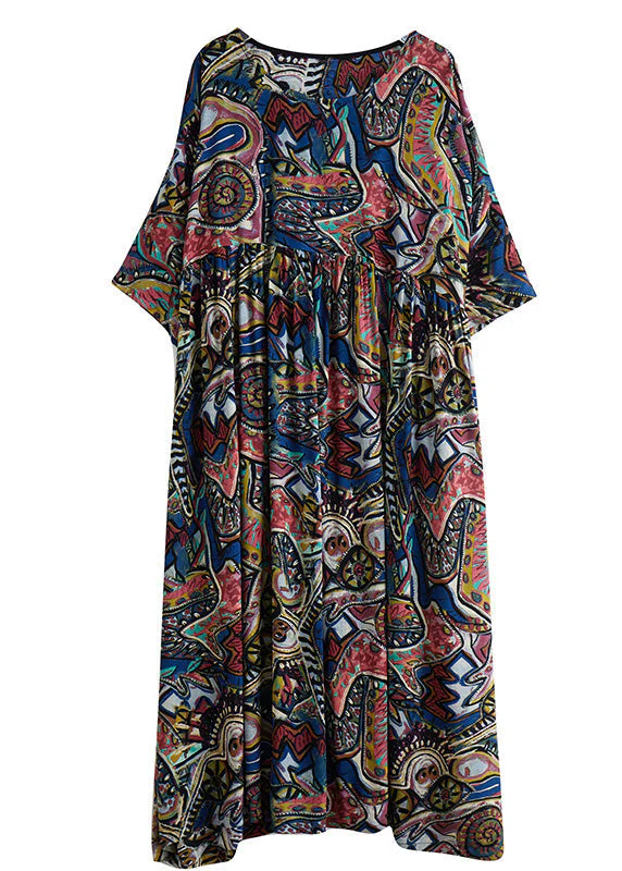 Organic Blue Print Patchwork Ankle Dress Summer - Image 5