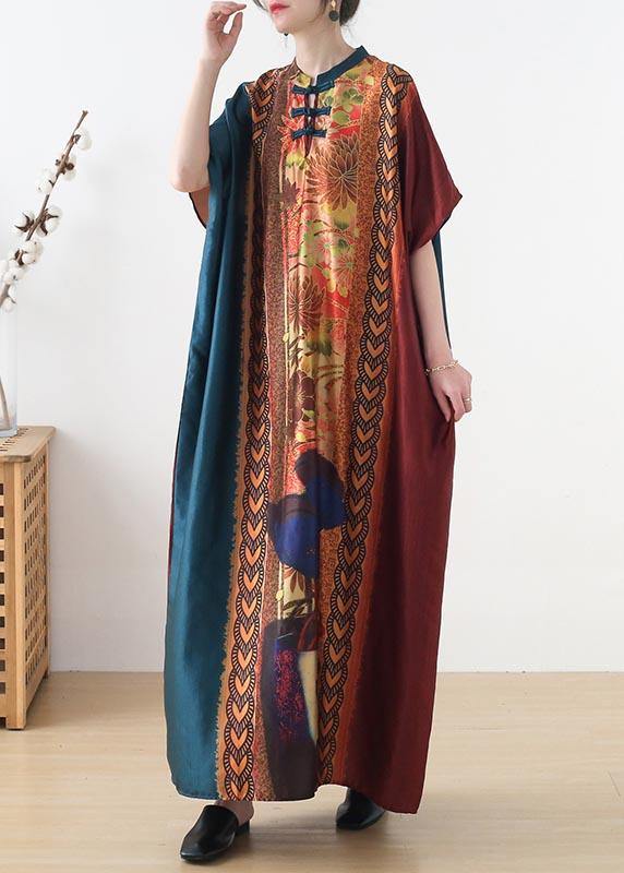 Organic Blue Red Print Oriental Summer Chiffon Dress - Image 2
