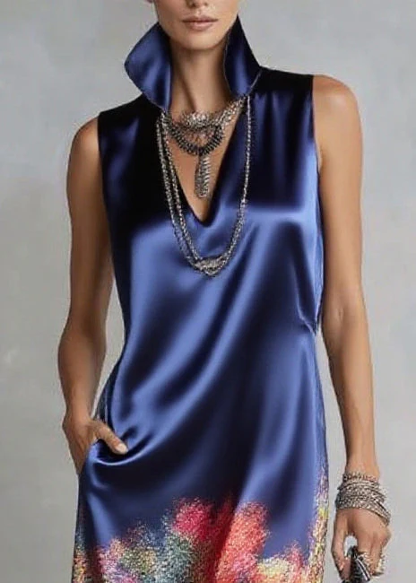 Organic Blue Ruffled Print Silk Party Dress Sleeveless - Image 2